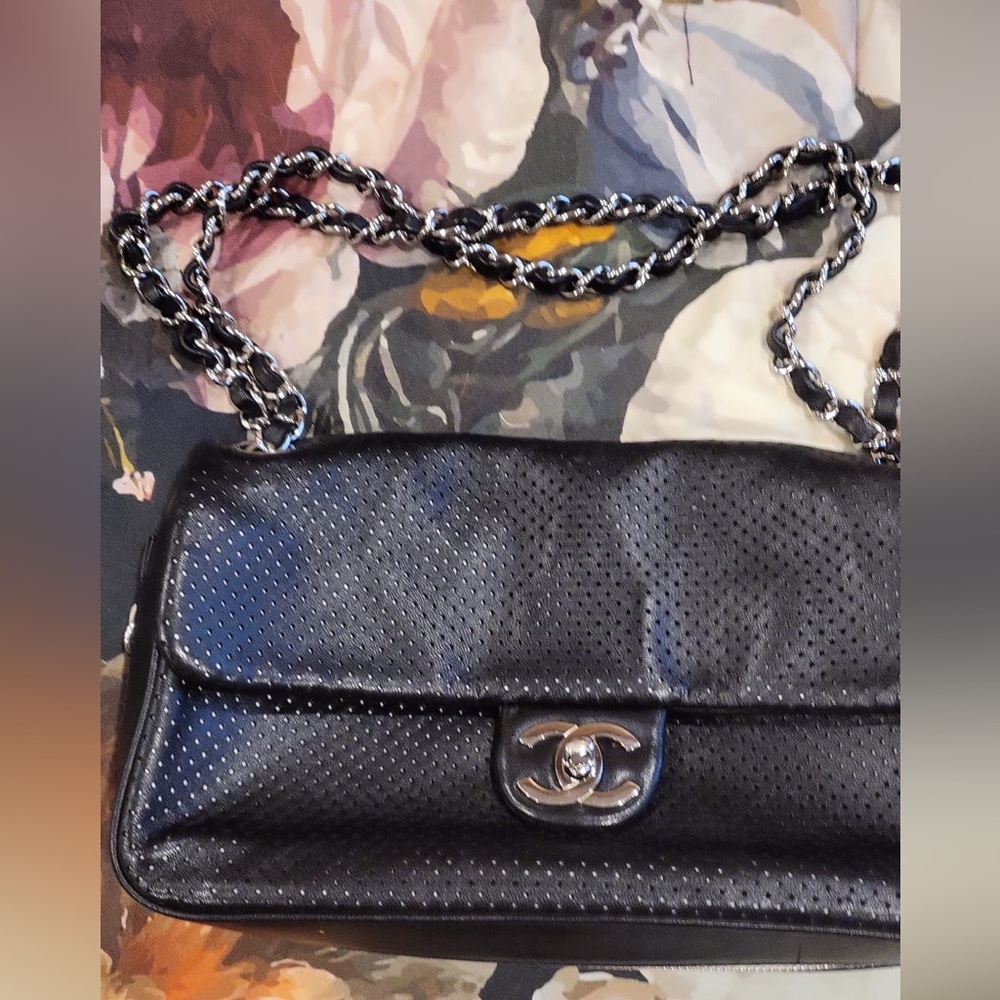 Chanel Authentic Black Perforated Lambskin Baseball Spirit Flap Bag